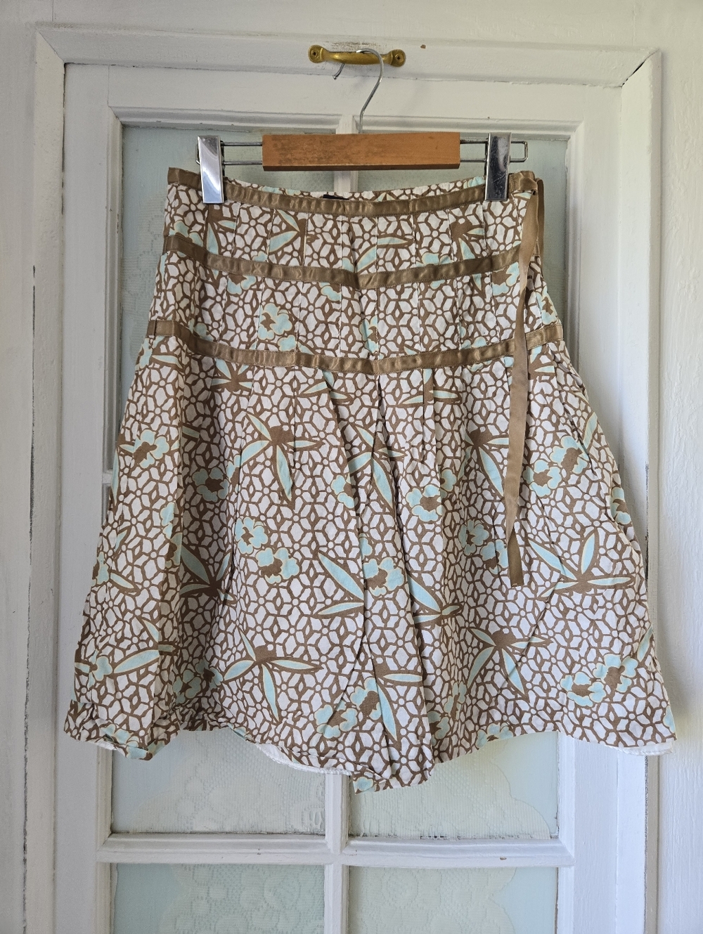 Gap Brown Aqua Print Pleated Cotton Skirt Size 2